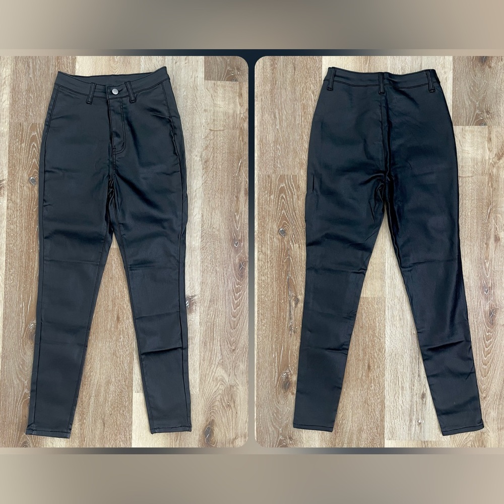 Vintage Y2K Sleek Black Faux Leather Wet-Look Women High Waist Skinny Jeans S